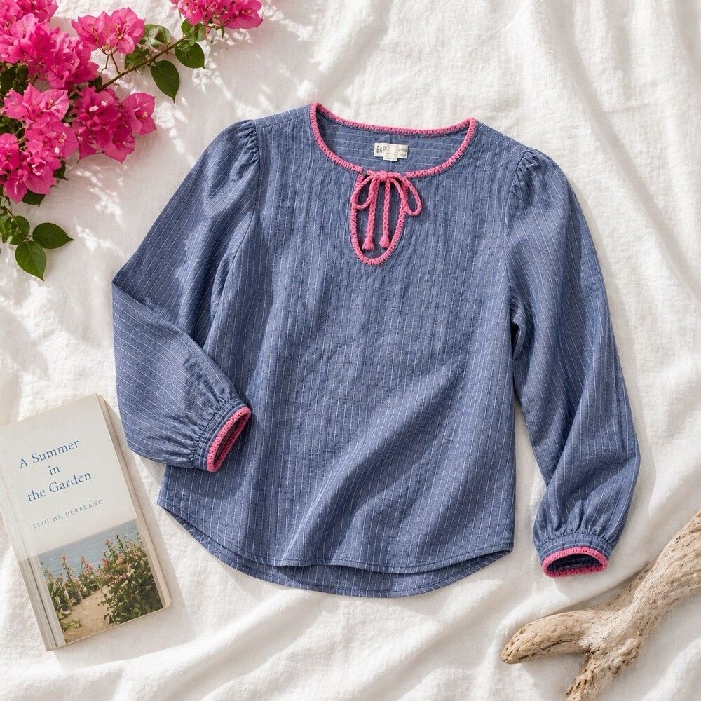 Gap Cooling Linen Blend Blouse Blue Pinstripe Pink Embroidery Peasant XL